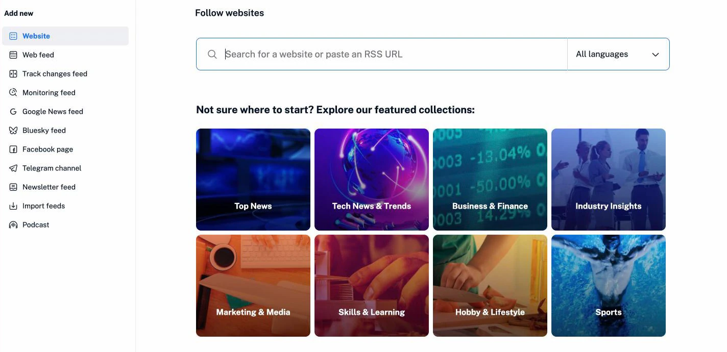 The Add new page in Inoreader with the source types, the website search and the featured collections