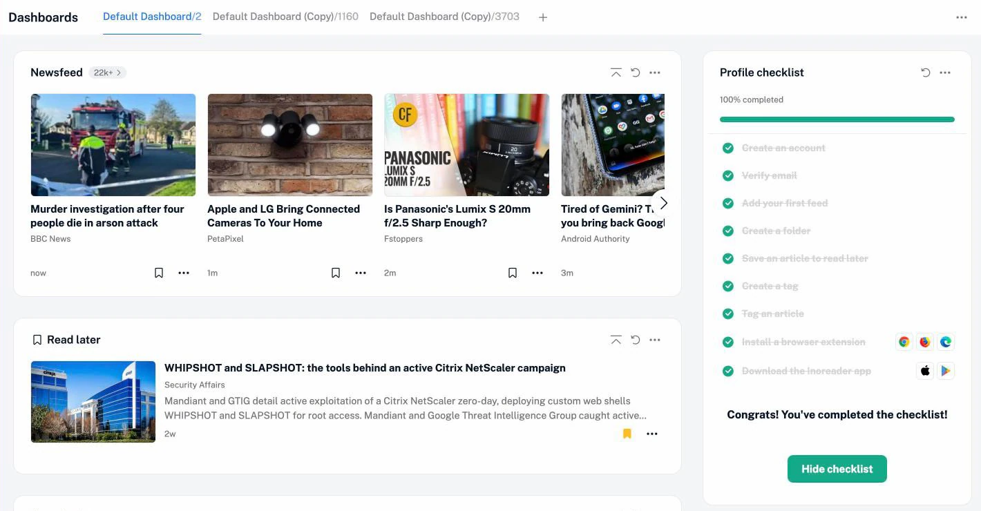 A dashboard in Inoreader with widgets for new articles, trending articles and statistics