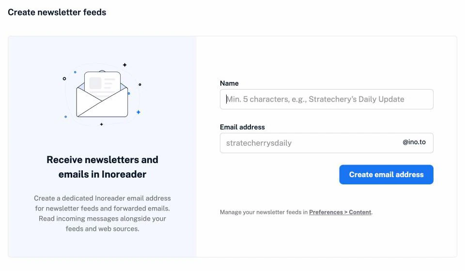 Creating a newsletter feed in Inoreader: a name and the ino.to email address the newsletter is sent to