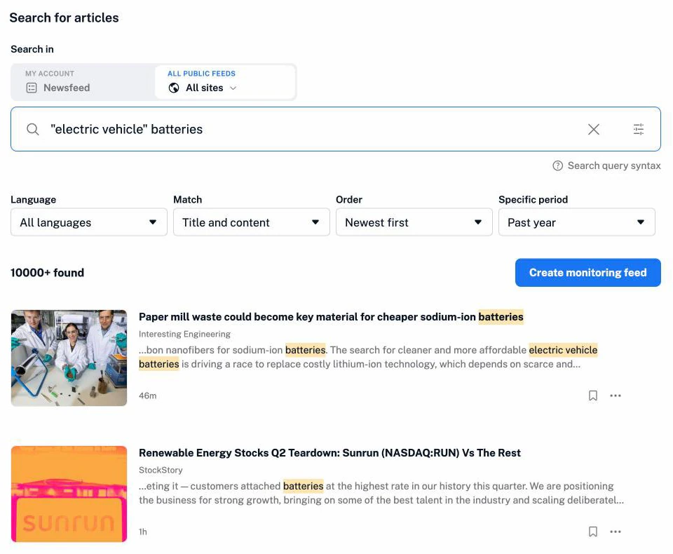 Inoreader search results for a query across all public feeds, with the language and time filters open